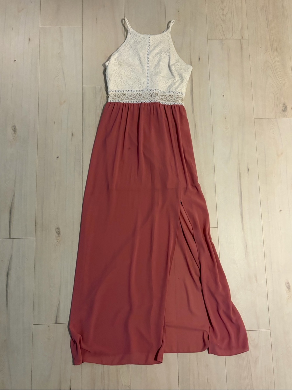 BCX White Lace Bodice Maxi Dress with Rosewood Skirt